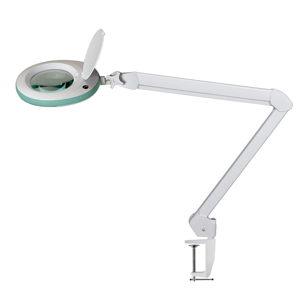 Lumeno 721X luplampe med grøn gummibeskyttelse og bordklemme