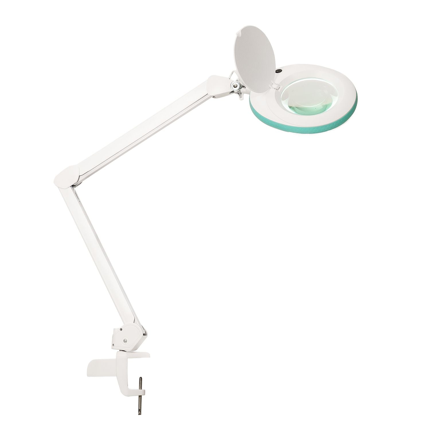 Lumeno 721X Lupenleuchte mit geöffneter Linsenabdeckung und Tischklemme