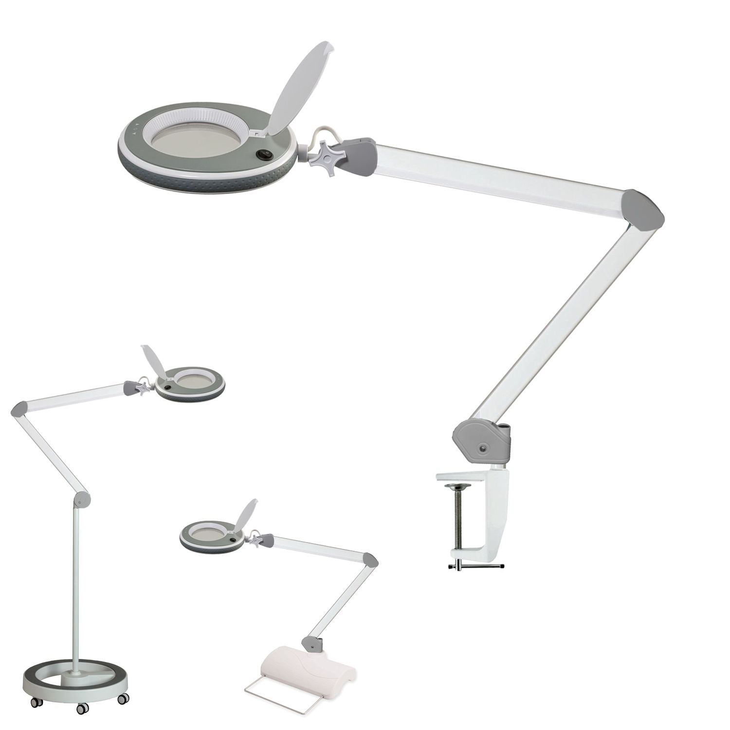 Lumeno LED Lupenleuchte 821X in Grau mit Tischklemme, Gesamtansicht