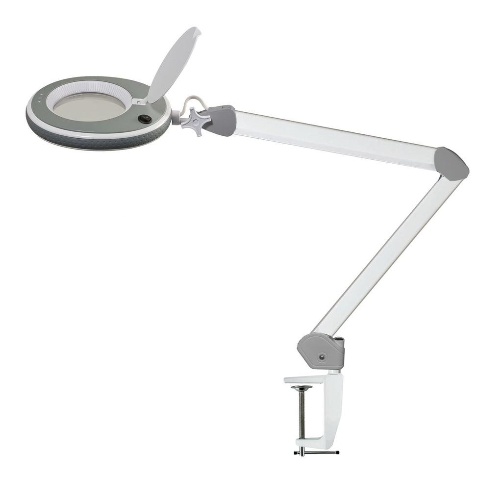 Lumeno 821X Lupenleuchte Grau mit geöffneter Linsenabdeckung am Gelenkarm