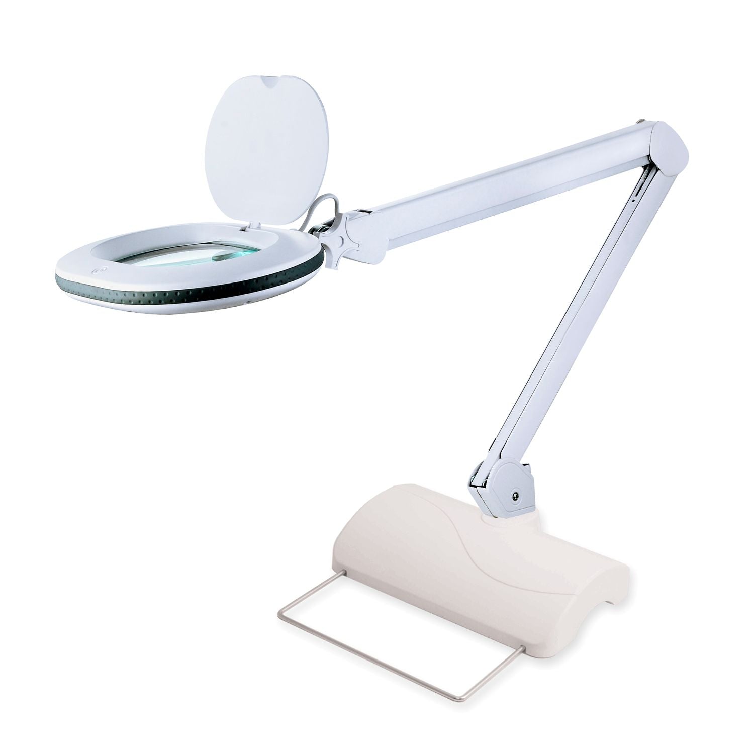 Lumeno 861X Lupenleuchte mit ovaler Linse auf weißem Tischfuß